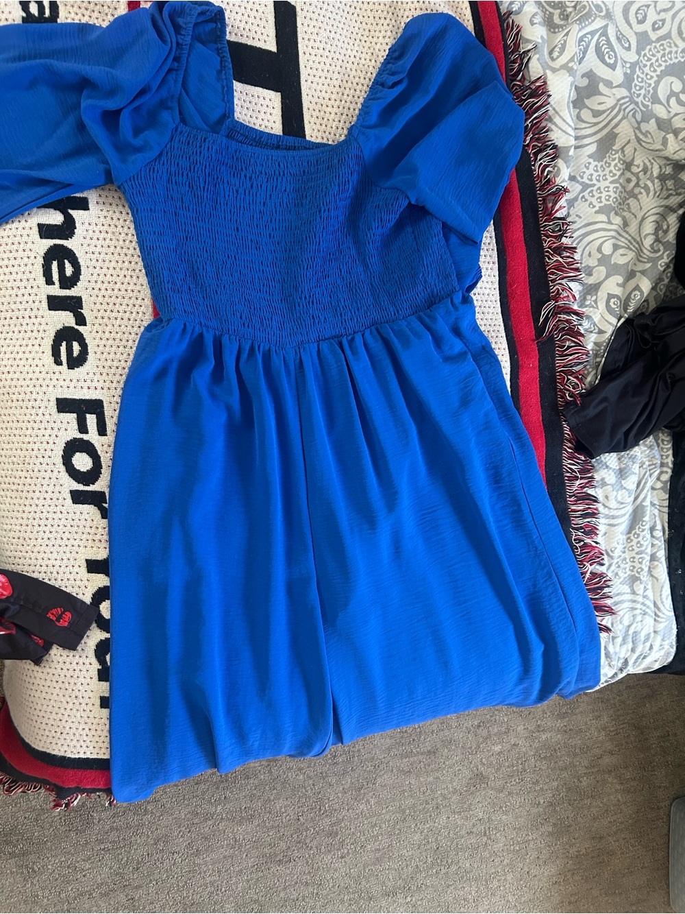 Girls' Royal Blue Smocked Puff-Sleeve Romper